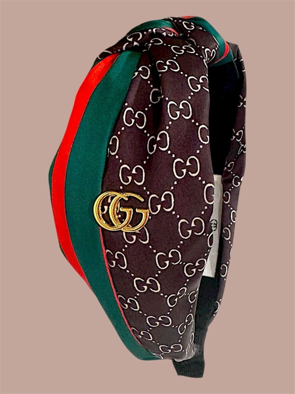 Brown GG Pattern Headband with Green and Red Stripe